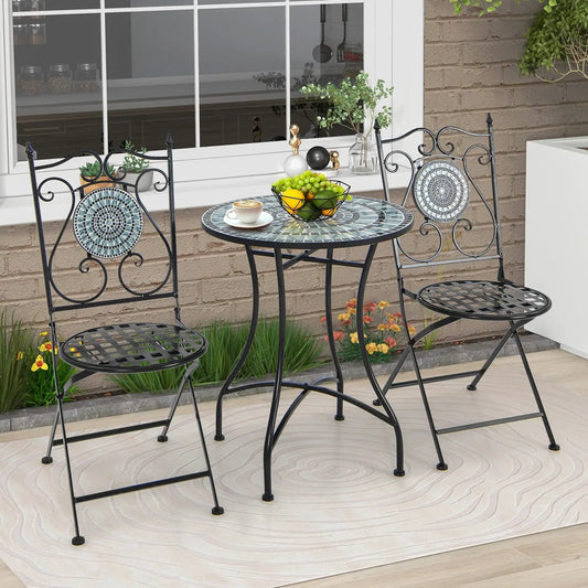 Outdoor black wrought-iron round mosaic table with two matching chairs and fruit bowl on Tampa Home & Garden Store