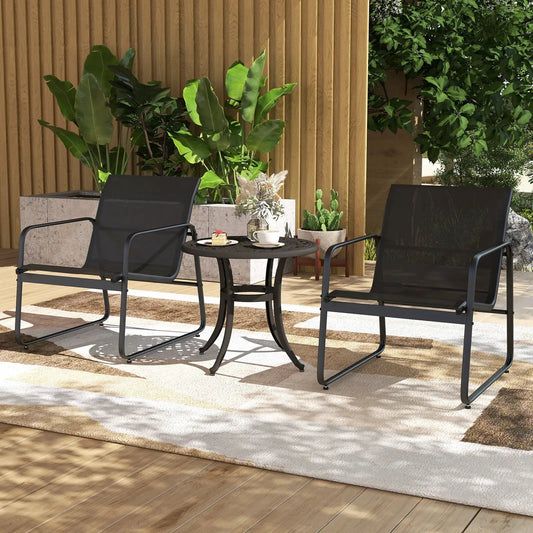 Black metal 24-inch round patio side table with adjustable footpads for outdoor seating on Tampa Home & Garden Store