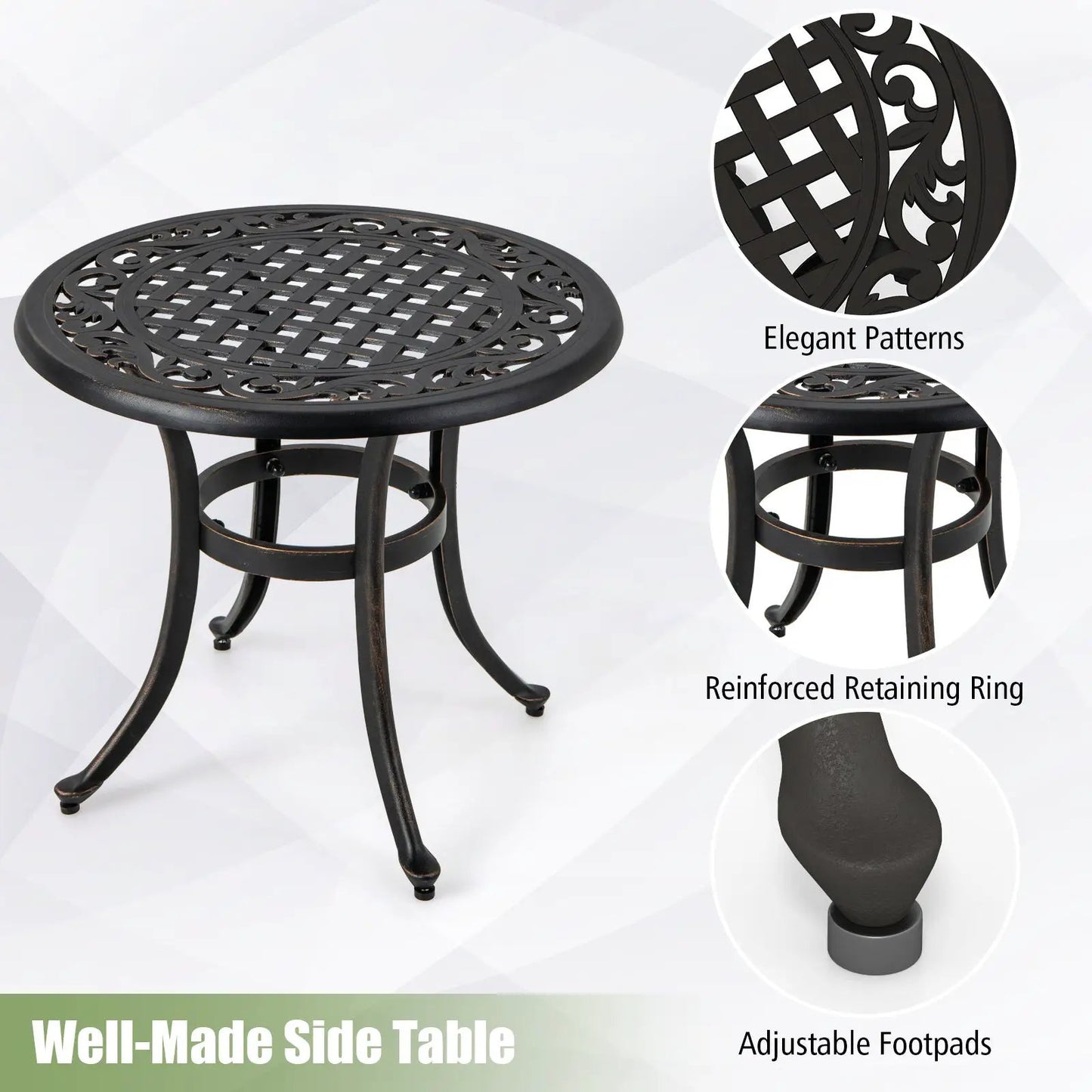 24 Inch patio side table with black metal lattice top and adjustable footpads on Tampa Home & Garden Store
