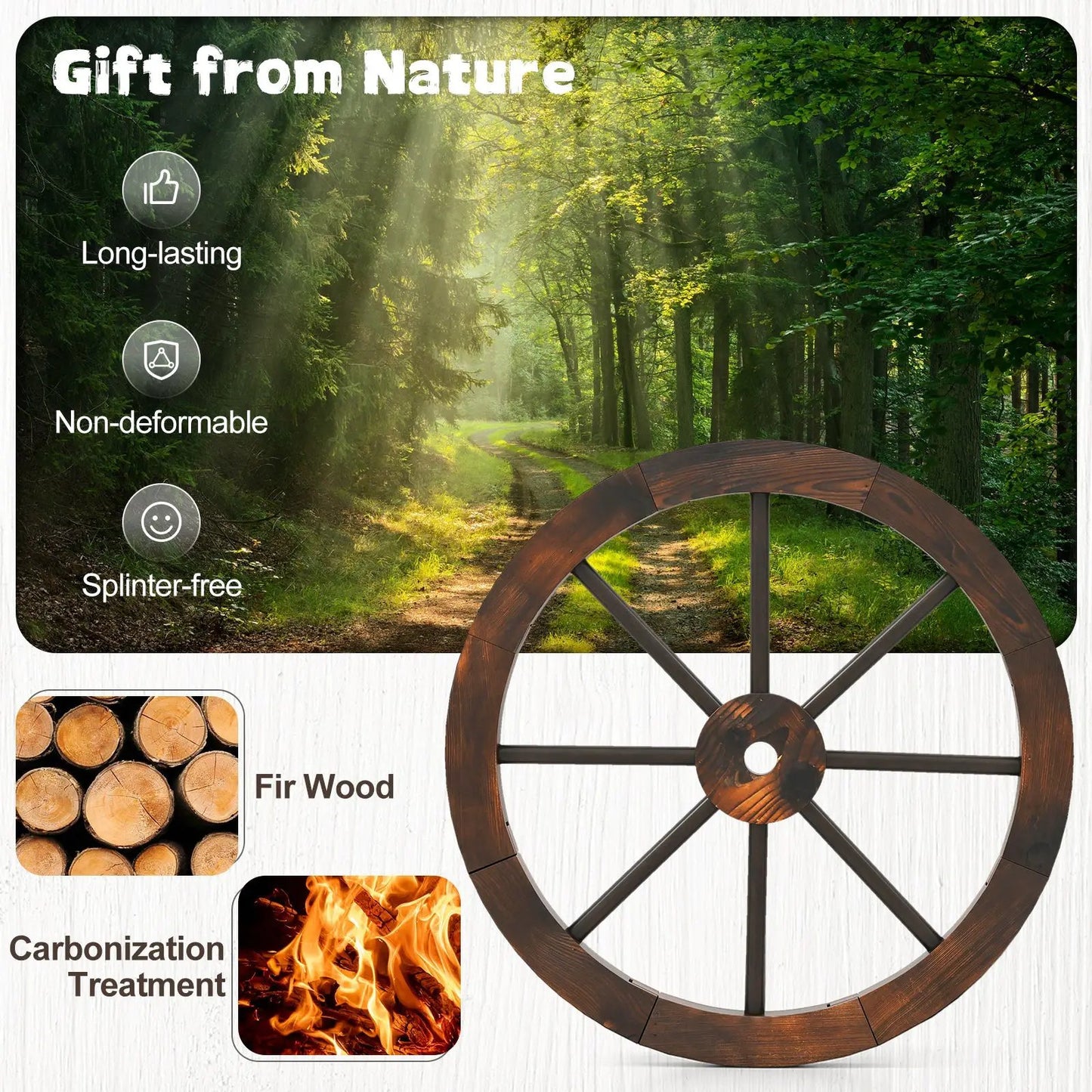 24-inch wagon wheels set of 4 in carbonized fir wood, decorative DirectDeals wheels on Tampa Home & Garden Store
