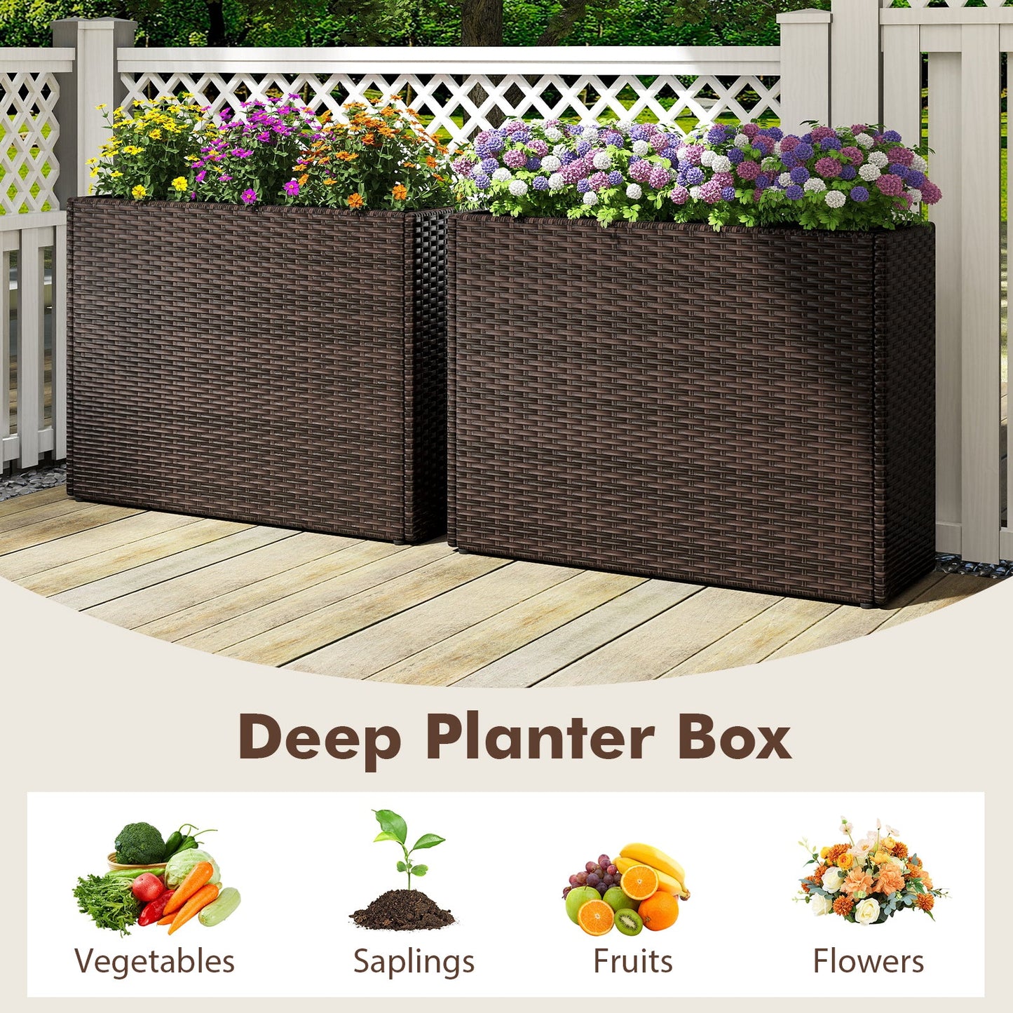 Set of 2 brown 24in tall PE rattan planters with liners, deep boxes filled with flowers on Tampa Home & Garden Store