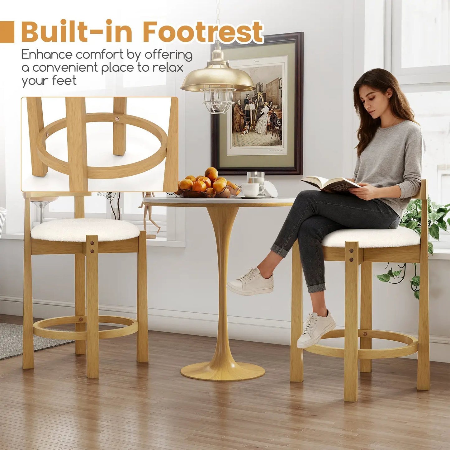 24-inch teddy velvet counter-height stools with backrests and a light wood frame, set of 2 on Tampa Home & Garden Store
