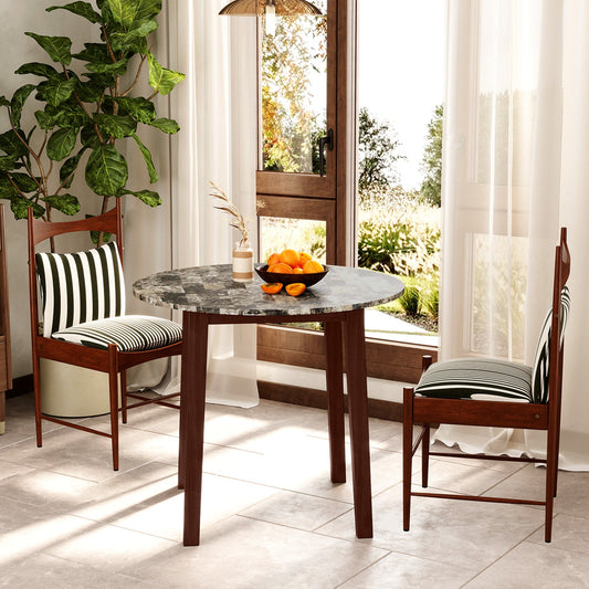 35 Inch Round Dining Table with Rubber Wood Legs and Marble-textured Veneer Tabletop-Brown - Tampa Home & Garden Store