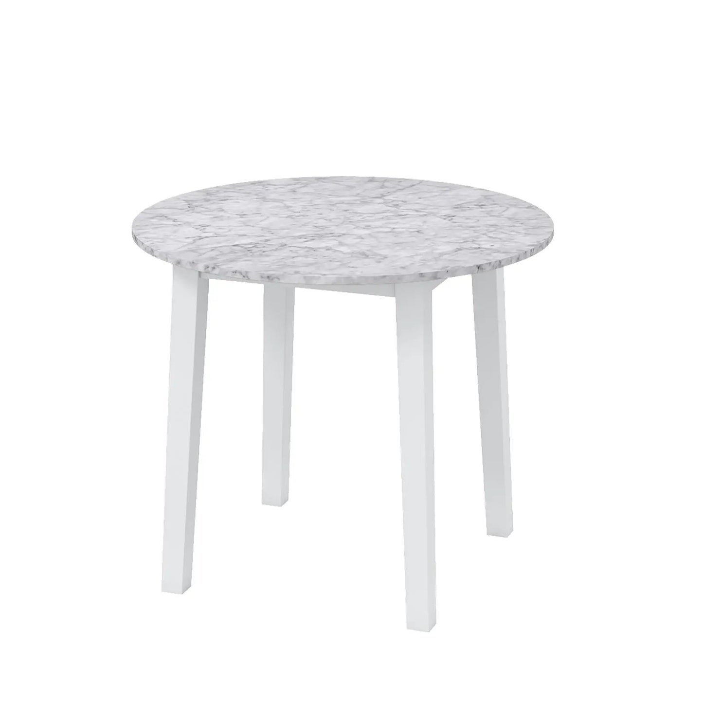 35-inch round dining table with marble veneer top and white legs on Tampa Home & Garden Store