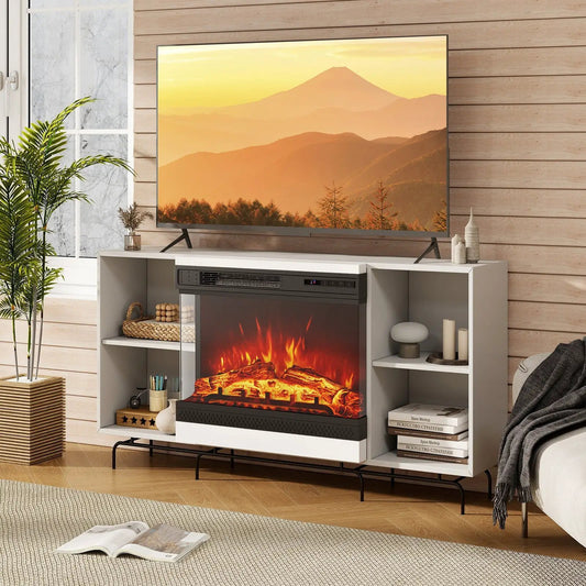 24-Inch 3-Sided Glass Electric Fireplace Heater with TV above on white media console on Tampa Home & Garden Store
