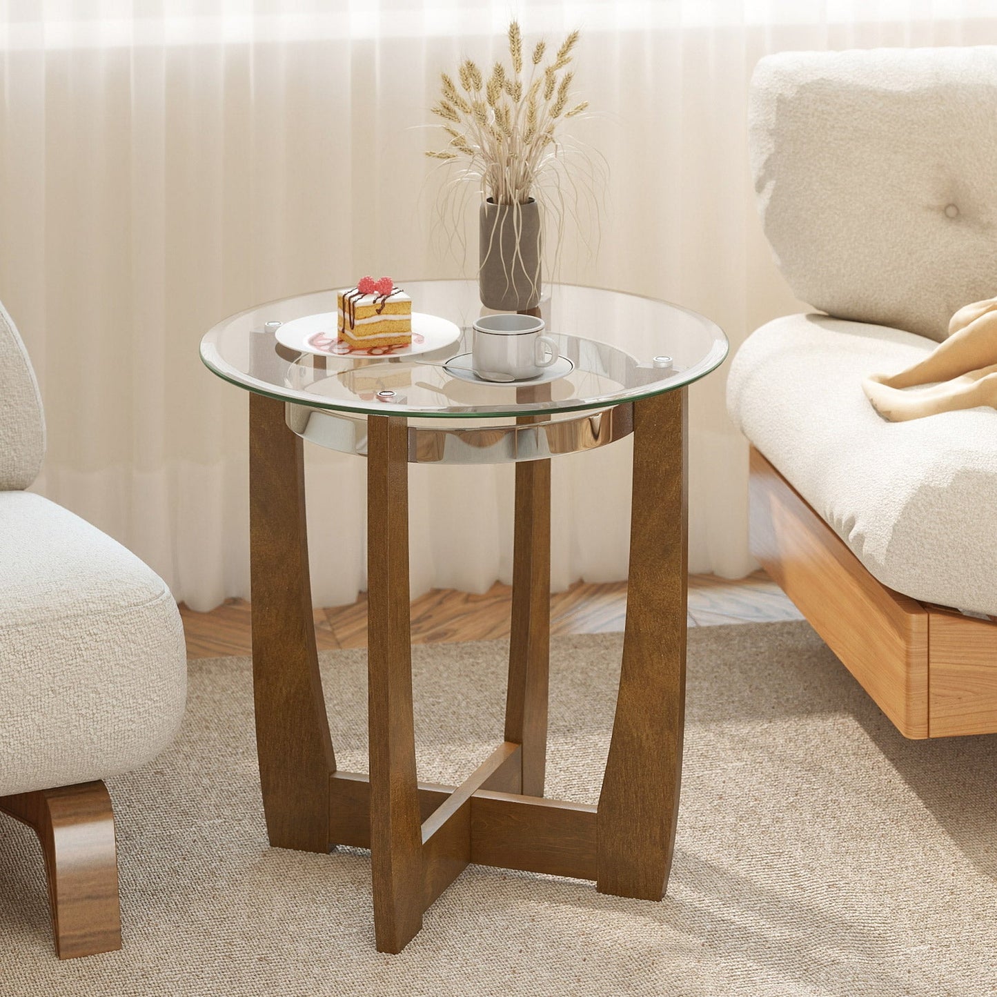 24 Inch Round Side Table with Tempered Glass Top and brown wooden legs in a living room on Tampa Home & Garden Store