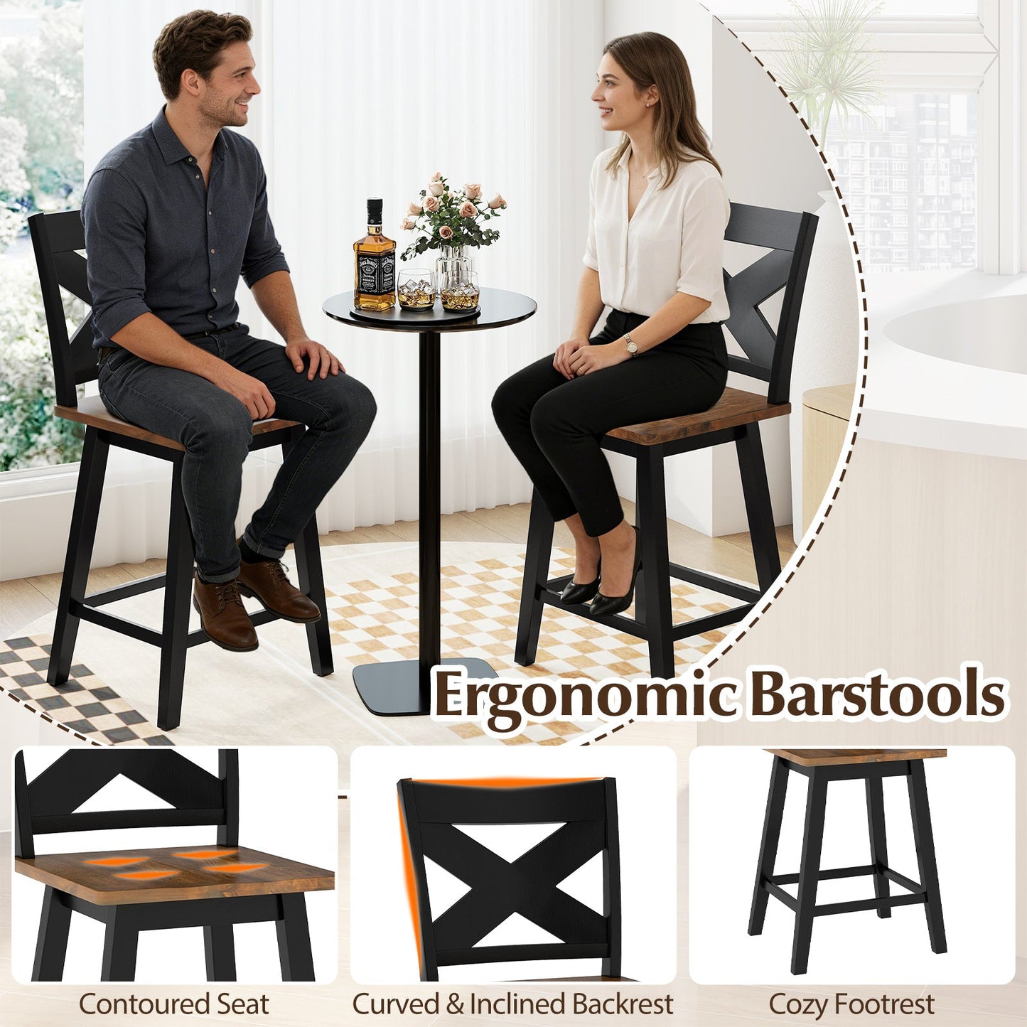 24" Rubberwood Swivel Barstools Set of 4 with Backrest and Large Seat - Tampa Home & Garden Store