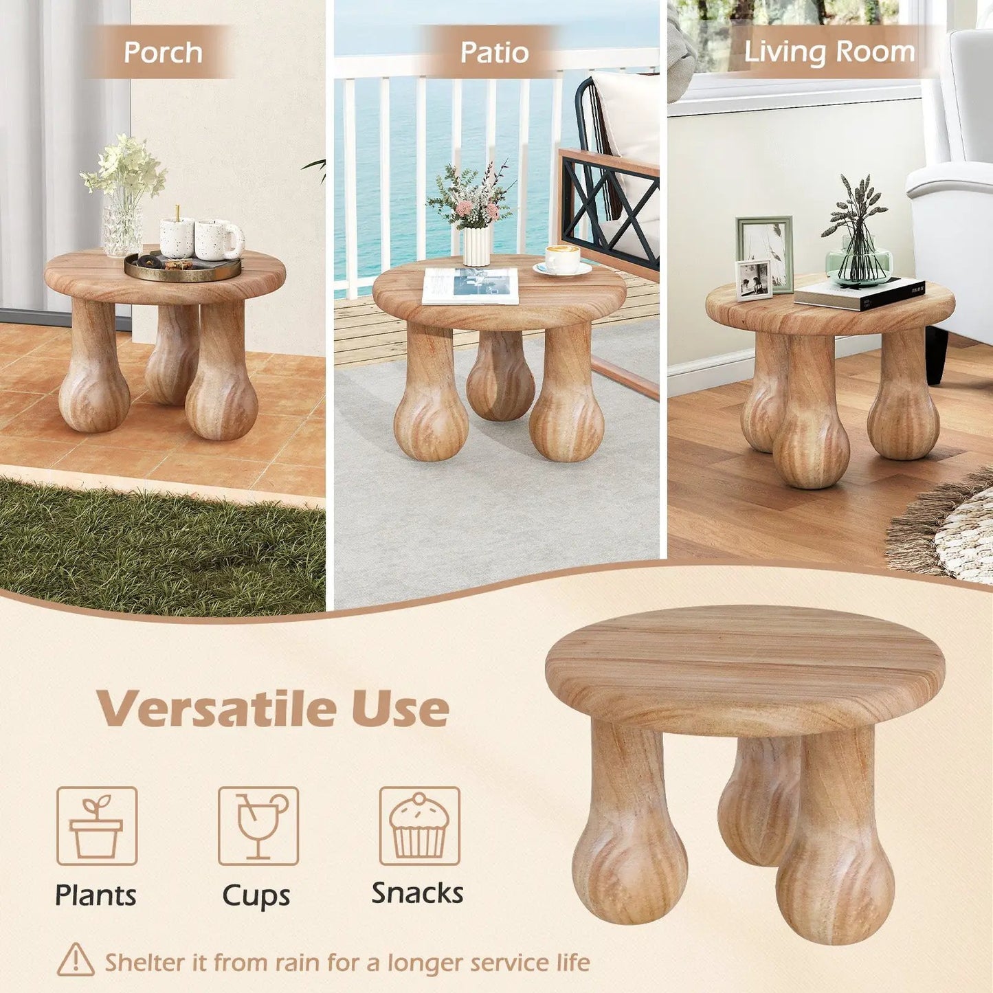 24-Inch mahogany coffee table with thick top and 3leg pedestal base in three-panel porch setting on Tampa Home & Garden Store
