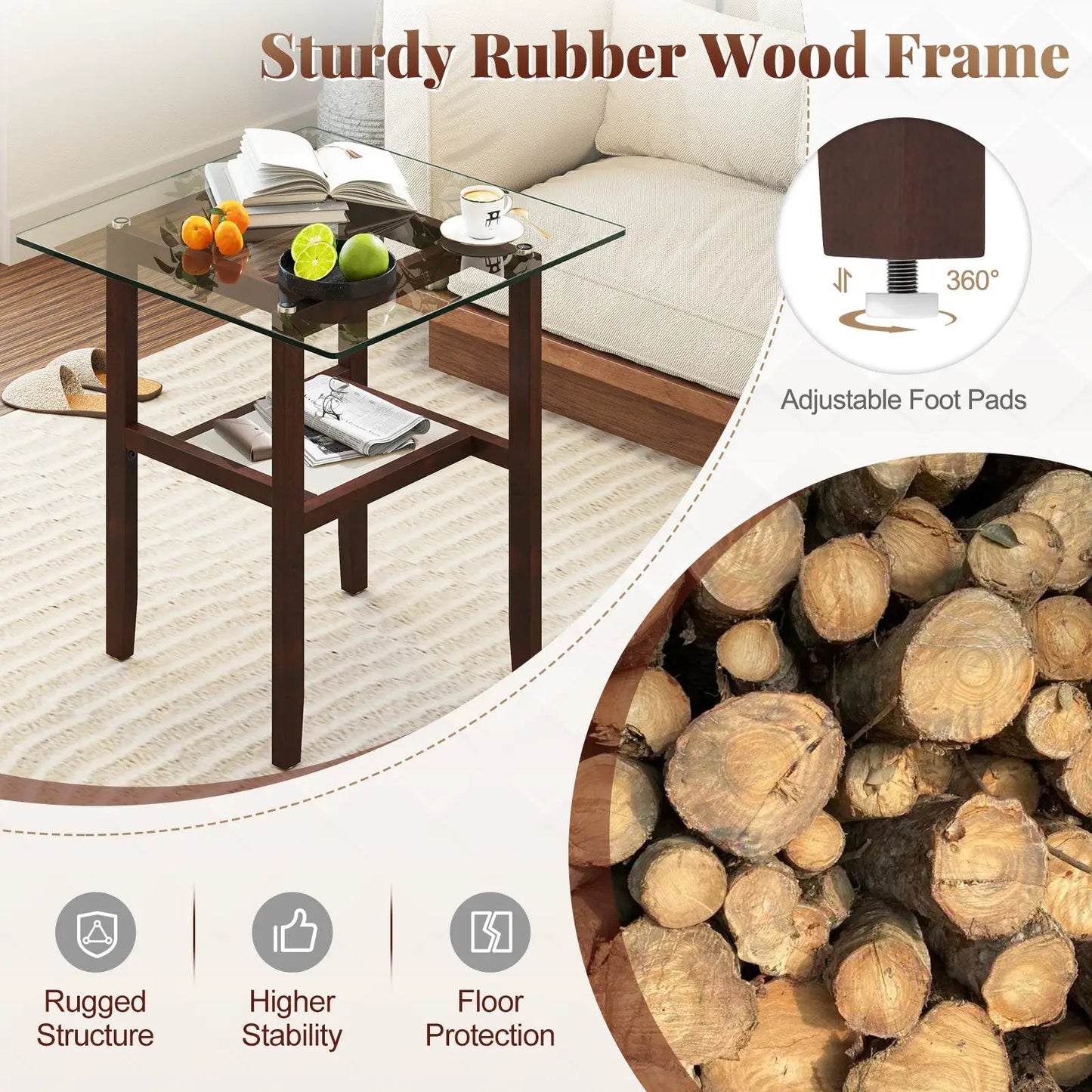 24 Inch 2-Tier Square Glass Coffee Table Center Table with Storage Shelf-Brown - Tampa Home & Garden Store