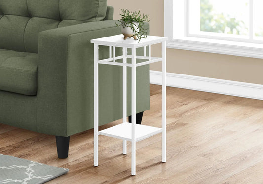 Square white metal accent table with grid sides and shelf; small plant on top on Tampa Home & Garden Store