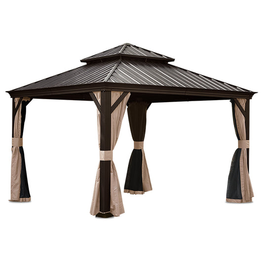 Gazebo 13x13ft outdoor hardtop with galvanized steel double roof brown frame on Tampa Home & Garden Store