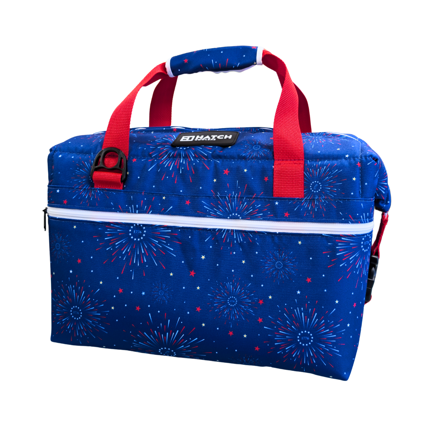 Limited Edition 1776 Series 24-Can Cooler Hatch Coolers blue with red handles and fireworks on Tampa Home & Garden Store