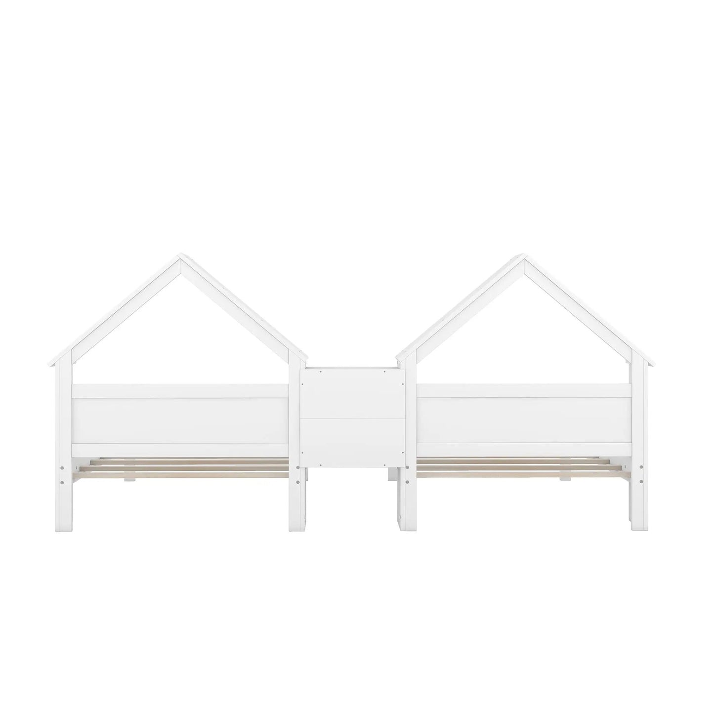 Lit plate-forme double pour lits jumeaux avec tête de lit en forme de maison et table de chevet intégrée, blanc