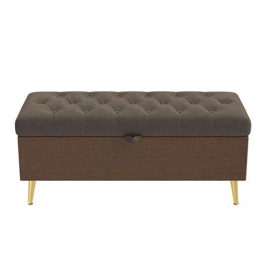 Modern Tufted Storage Ottoman Bench in brown fabric with wood base and gold legs HouseOfZazla