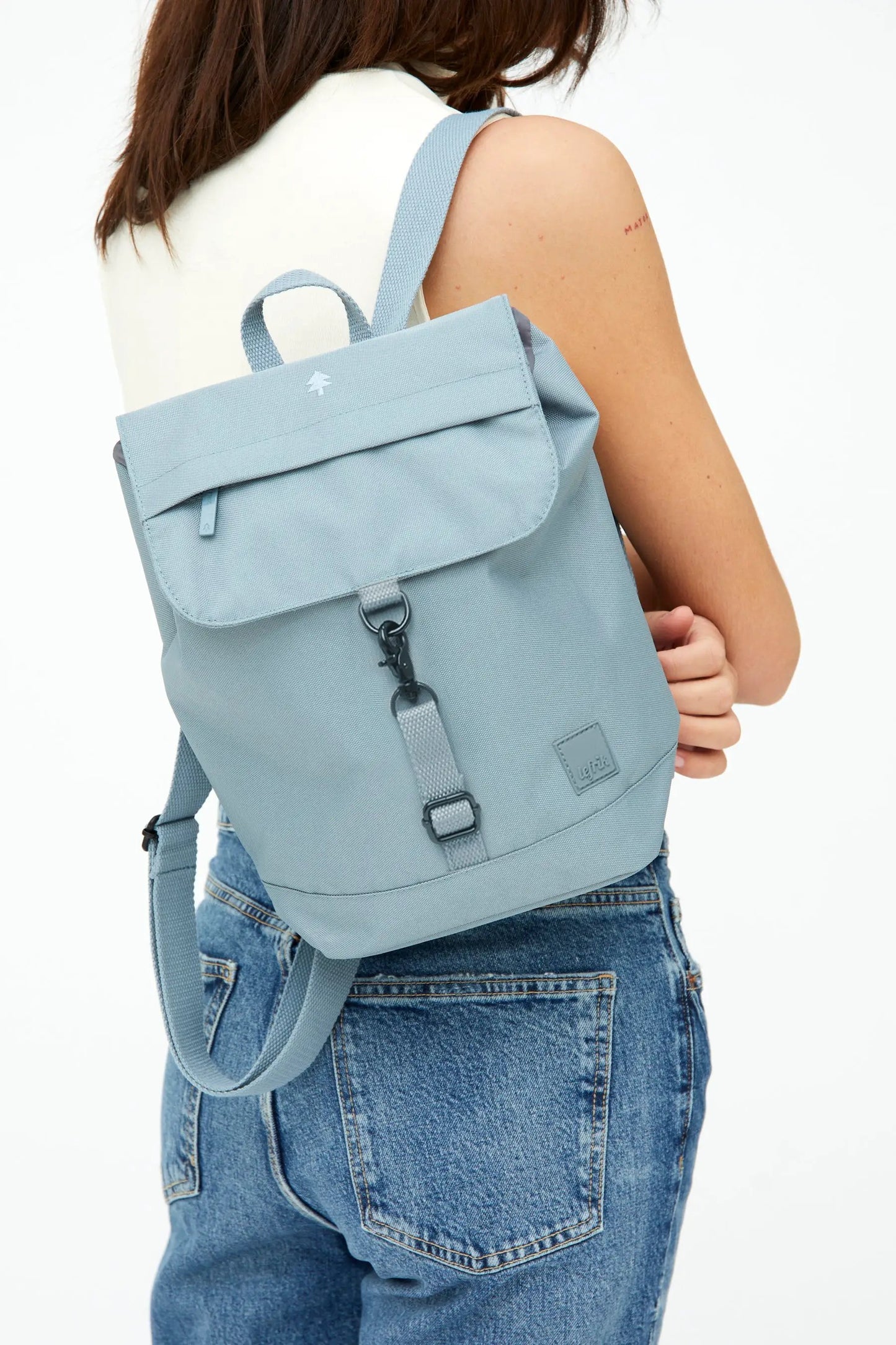 Kaut Mini Backpack Stone Blue Lefrik USA compact school backpack with front flap logo on Tampa Home & Garden Store