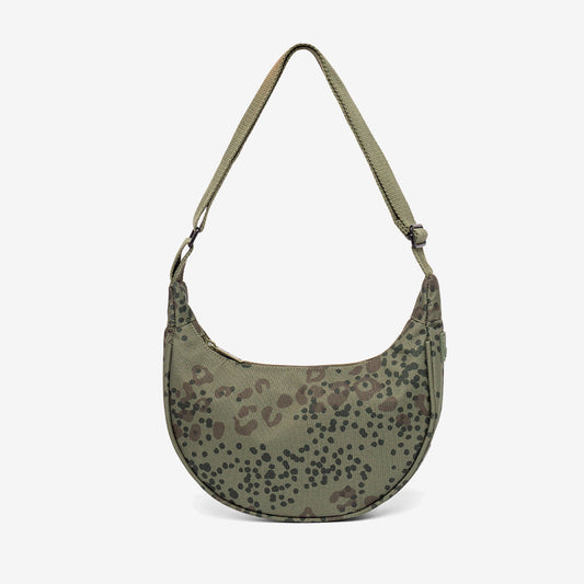 Lua Bag Printed Cheetah Half Moon Purse olive canvas with leopard print, adjustable strap on Tampa Home & Garden Store