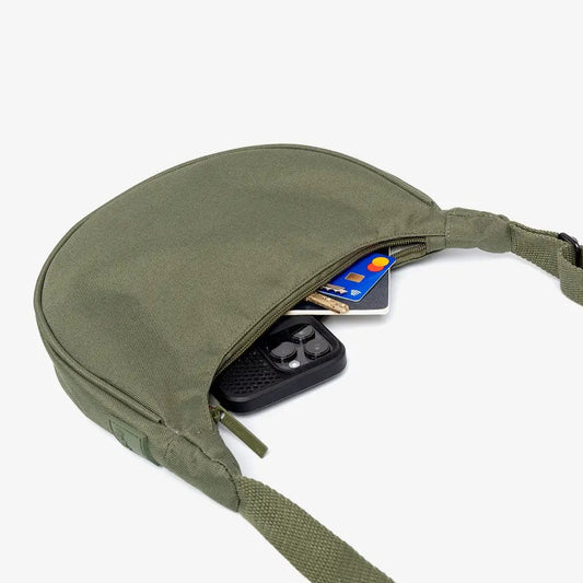 Lua Bag olive compact half-moon handbag with strap by Lefrik USA; nylon bag with cards on Tampa Home & Garden Store