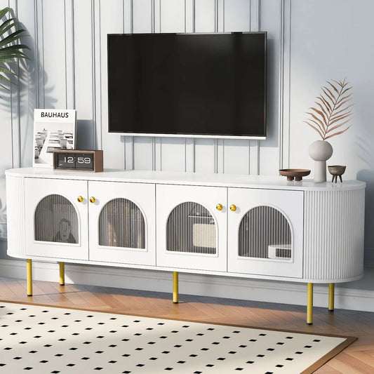 U Can Modern TV Stand white finish with glass-front arched cabinets and yellow legs for up to 80 inch TVs on Tampa Home & Garden Store
