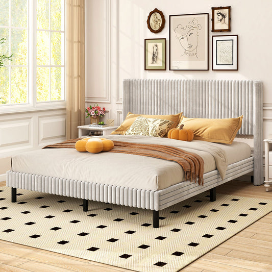 Queen Size Velvet Bed Frame with Vertical Channel Tufted Wingback Headboard-White - Tampa Home & Garden Store