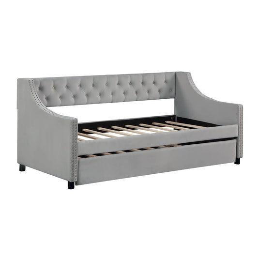 Twin size upholstered daybed and trundle in gray fabric with tufted back and nailhead trim on Tampa Home & Garden Store