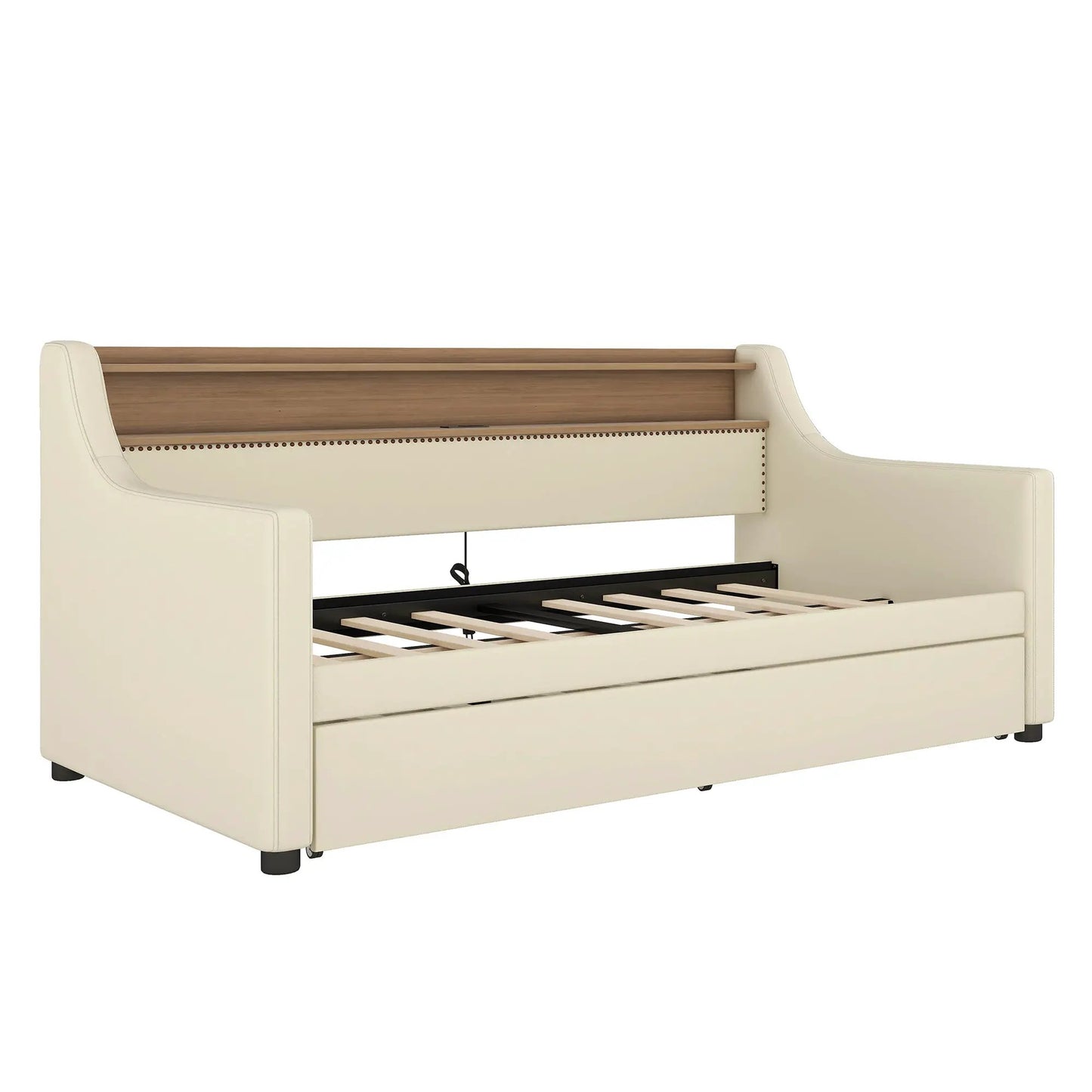 Beige twin daybed with pull-out trundle and LED lights, padded sides with nailhead trim on Tampa Home & Garden Store
