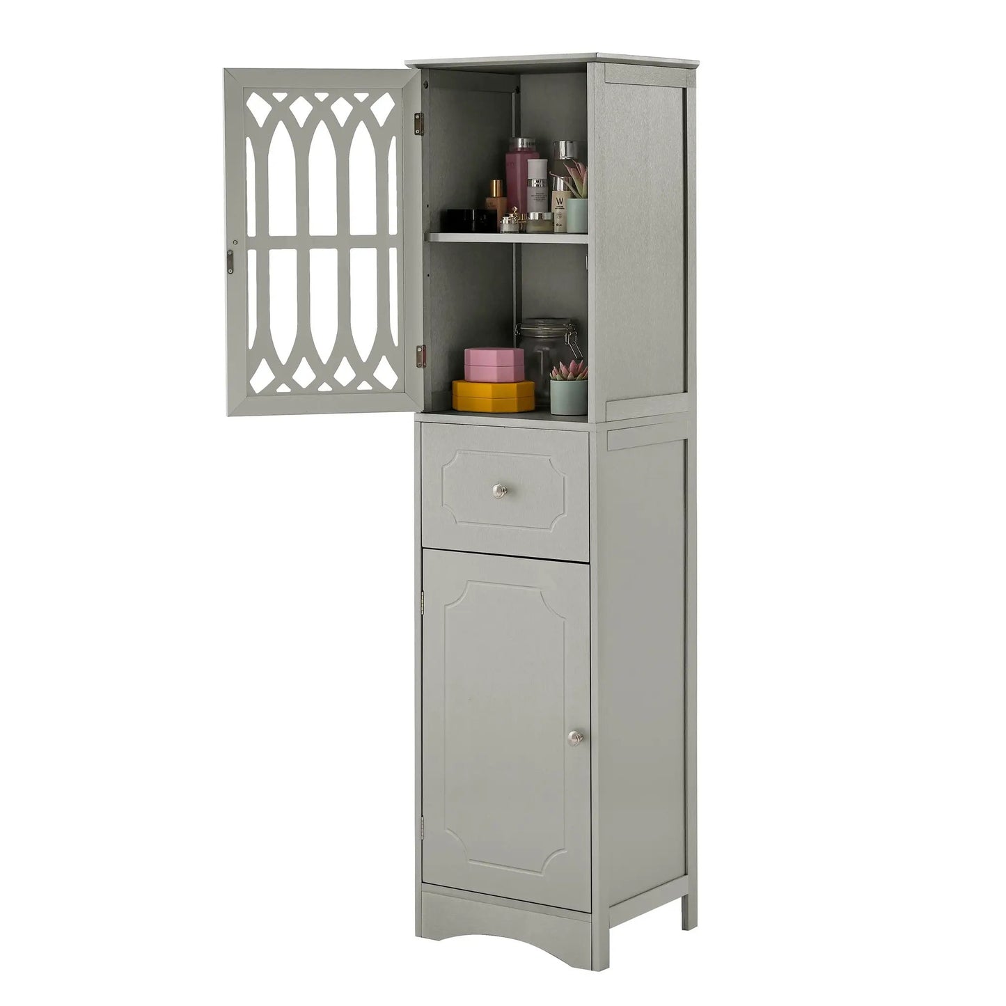 Tall grey bathroom cabinet with drawer and doors, interior shelves shown on Tampa Home & Garden Store