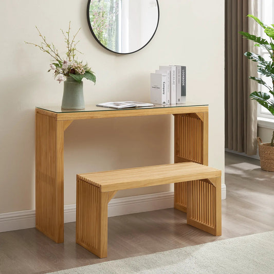 Natural pine dining bench and entryway table set with glass top and slatted legs on Tampa Home & Garden Store