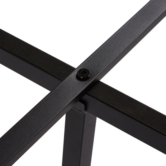 Queen metal platform bed frame in black finish with visible cross rails and screws on Tampa Home & Garden Store