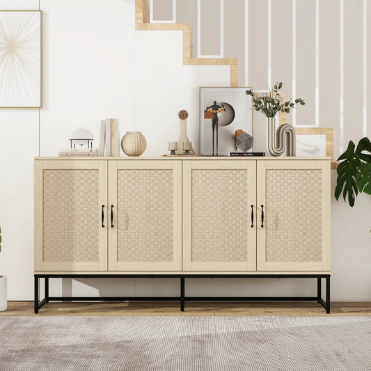 Rattan 4-door sideboard buffet with natural wood and woven cane doors on black metal base on Tampa Home & Garden Store