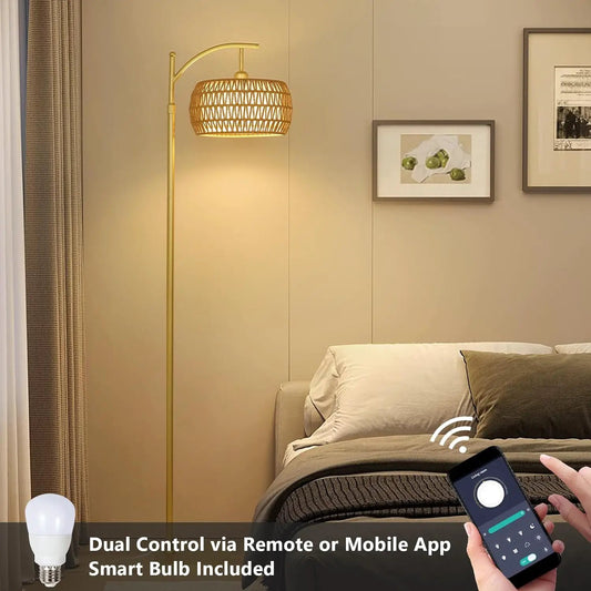 Arc Floor Lamp with brown woven shade and gold finish, 3 color temperatures, in a bedroom on Tampa Home & Garden Store