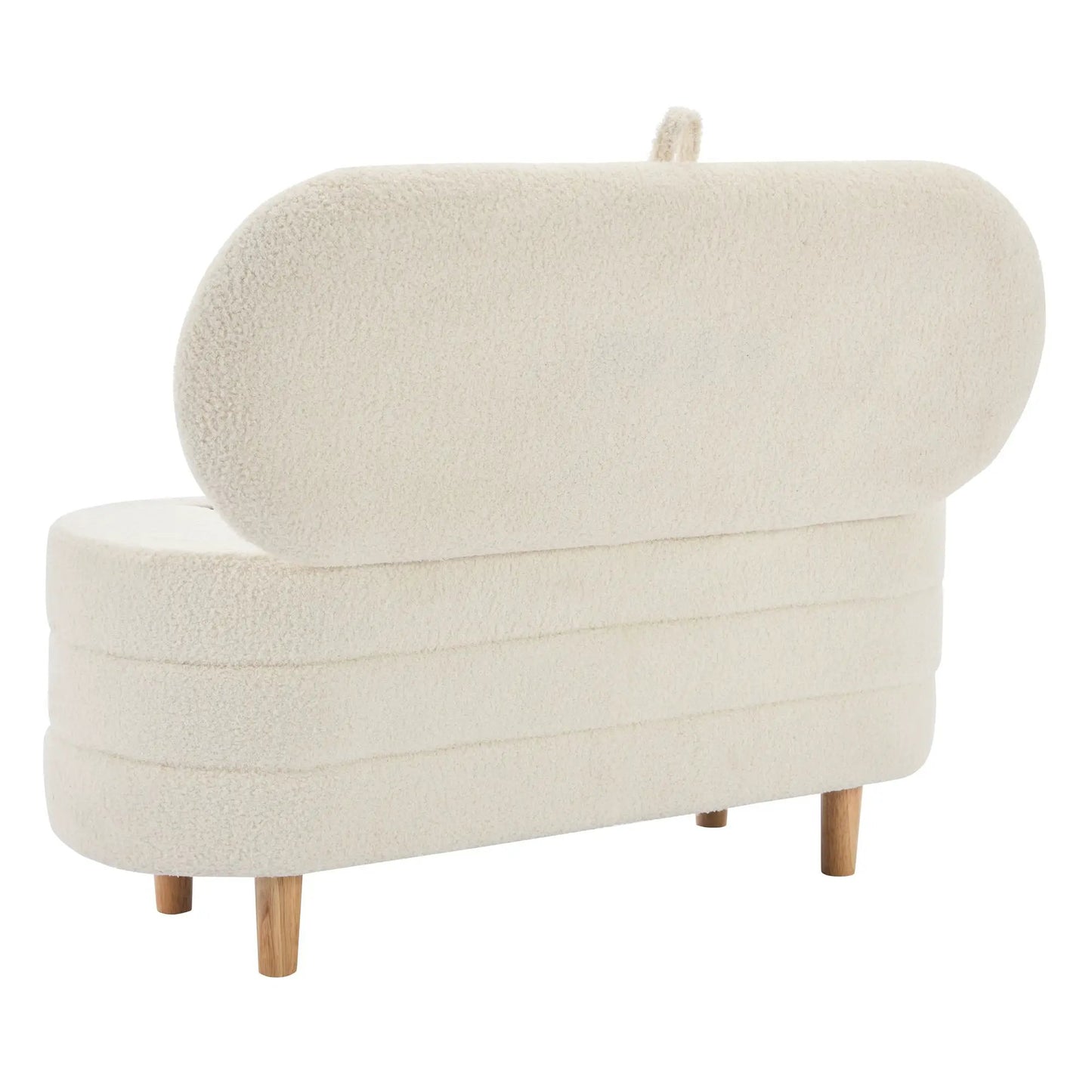 Elegant sherpa storage ottoman with wood legs in beige cream fabric, oval shape on Tampa Home & Garden Store