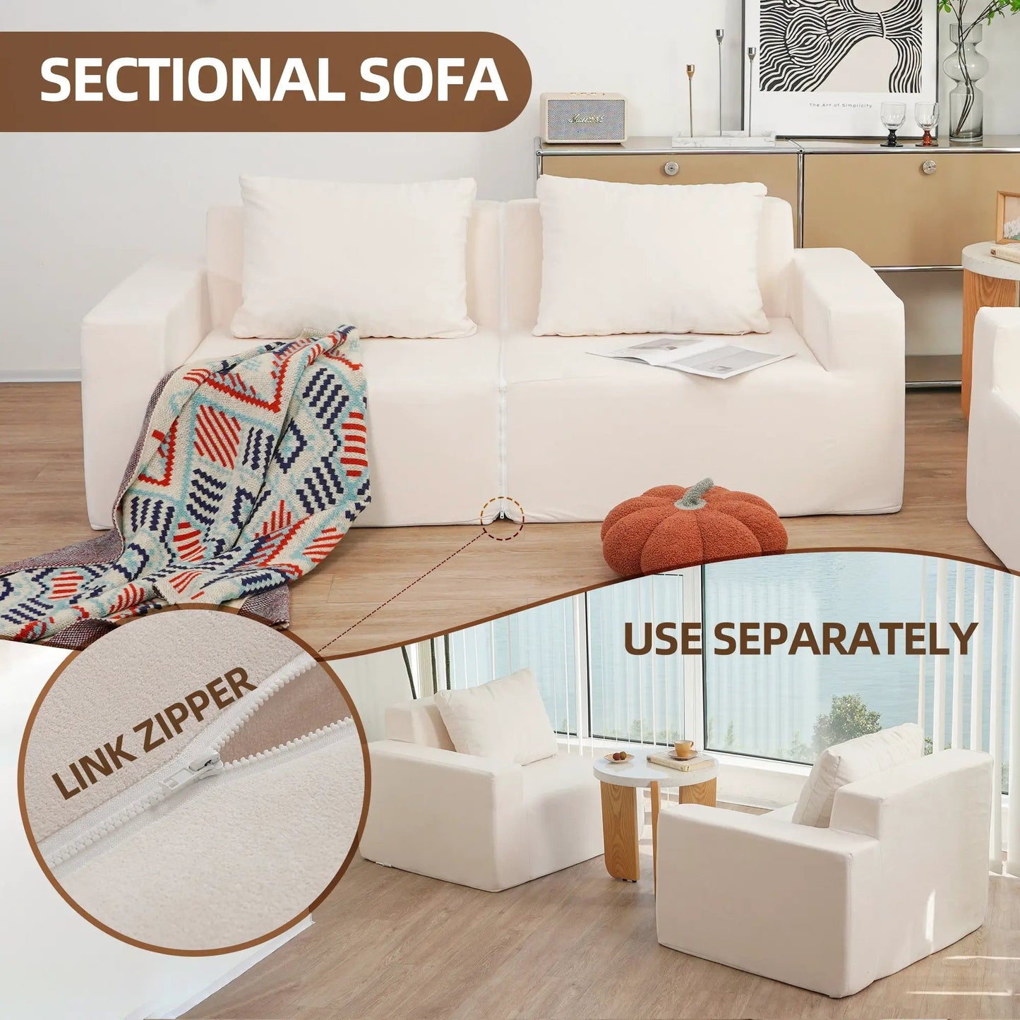 White convertible foam loveseat with armrests and removable zipper cover, colorful throw on Tampa Home & Garden Store
