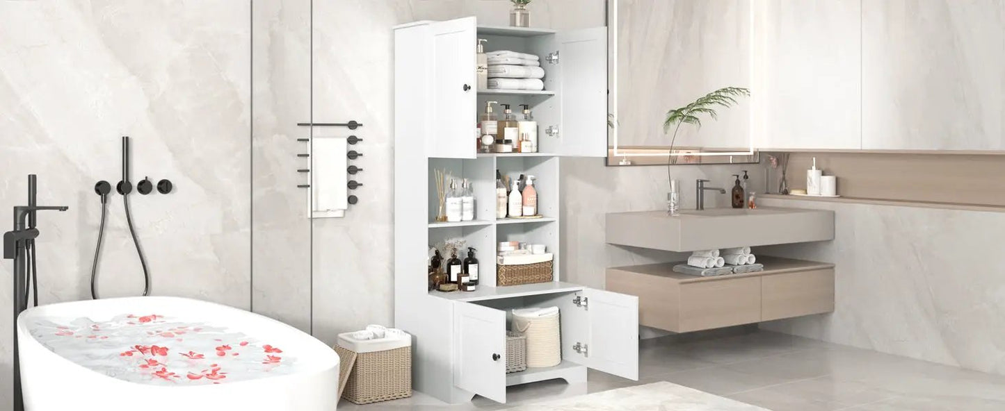 White bathroom storage cabinet with 4 doors, open shelving and baskets in a modern bathroom on Tampa Home & Garden Store