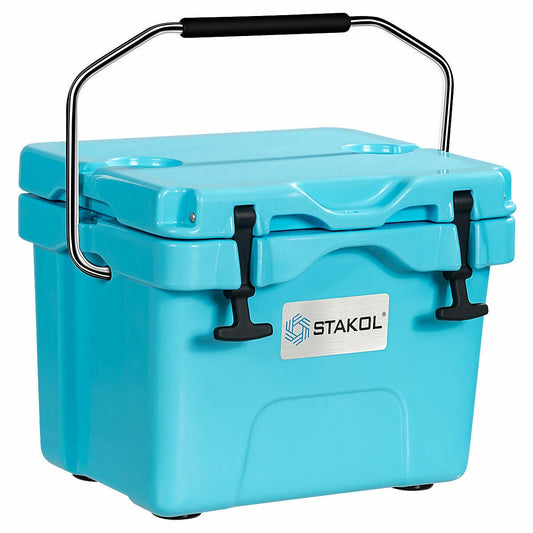 STAKOL turquoise blue cooler, 16 qt/24-can capacity, metal carry handle, black latches on Tampa Home & Garden Store