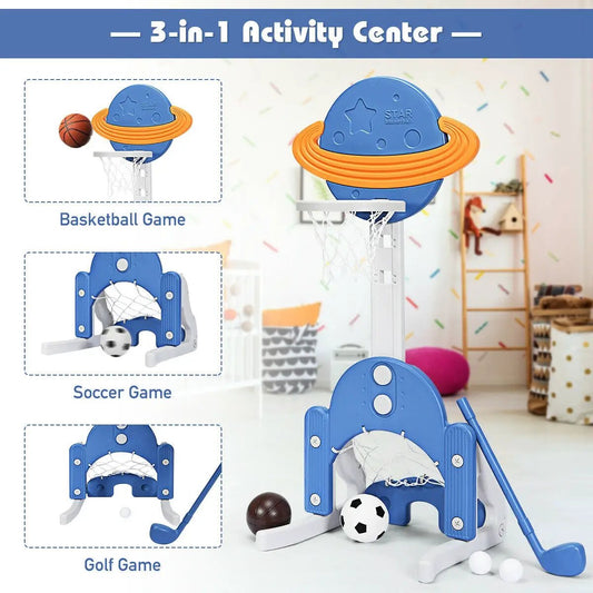 3-in-1 kids basketball hoop set blue with orange rim, includes soccer and golf games on Tampa Home & Garden Store