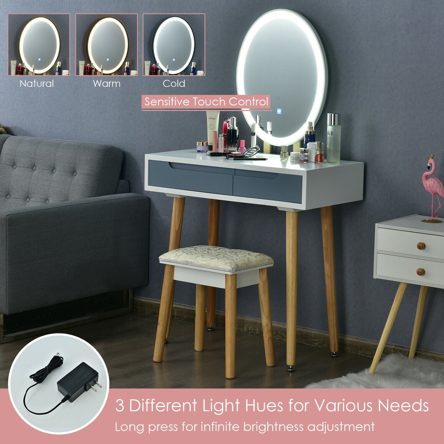Touch Screen Vanity Makeup Table Stool Set with Lighted Mirror-White