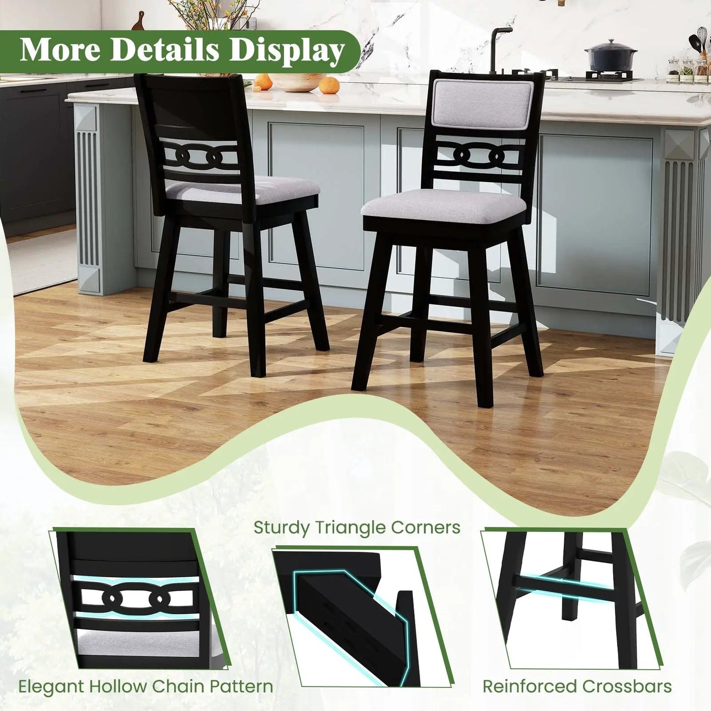 25 Inch Bar Stools, set of 2 with backrest, black wood frames and gray upholstered seats on Tampa Home & Garden Store