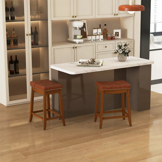 Set of 2 25–29 inch PU leather bar stools with brown seats and wooden legs at island on Tampa Home & Garden Store