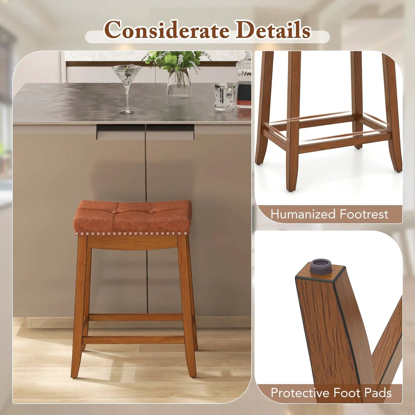 25 to 29 Inch PU Leather Bar Stools set of 2 with saddle seats and brown wood legs on Tampa Home & Garden Store