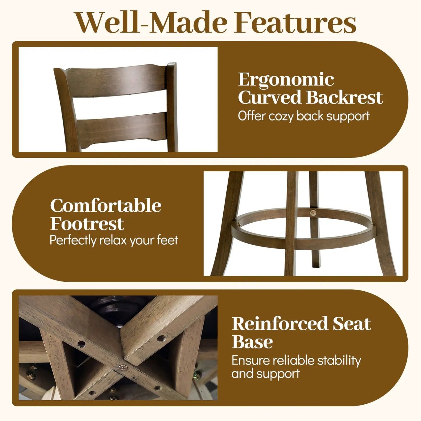 25 Inch Swivel Bar Stool with Backrest in wood finish, curved back and footrest by DirectDeals on Tampa Home & Garden Store