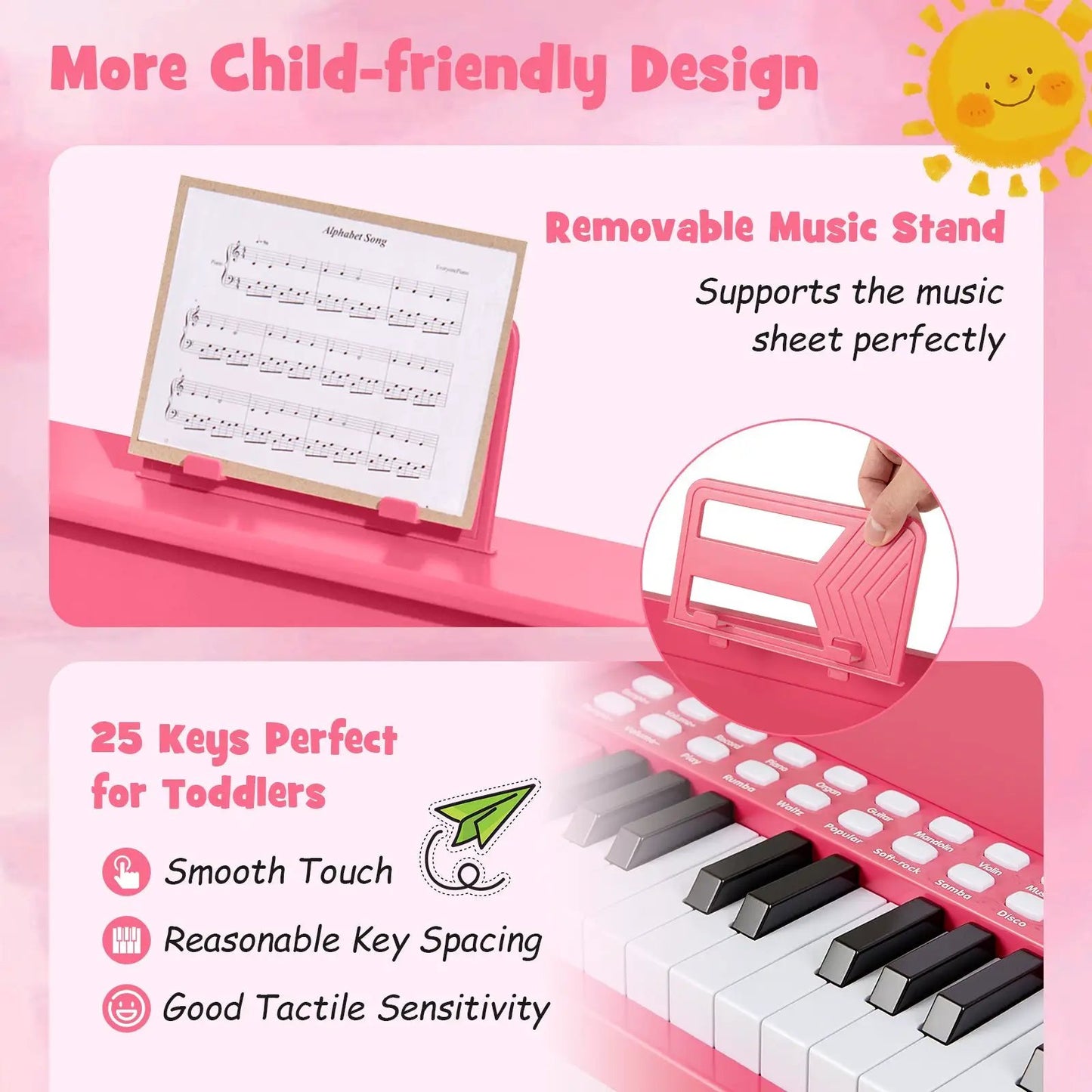 Pink DirectDeals 25-key kids piano keyboard with removable music stand and volume control on Tampa Home & Garden Store