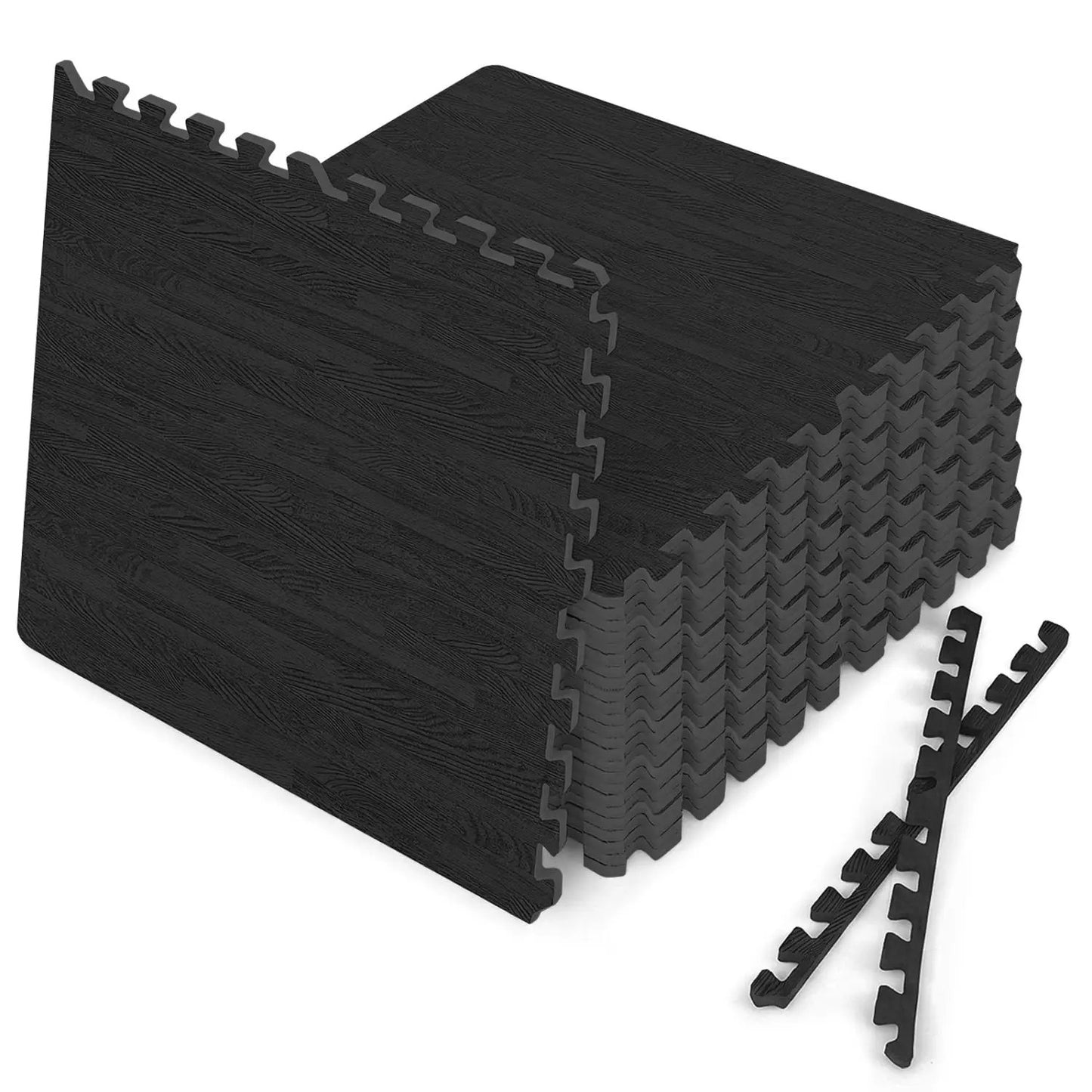 Natural wood grain foam floor mats with borders, black interlocking tiles DirectDeals mats on Tampa Home & Garden Store