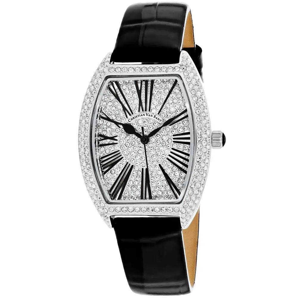 Christian Van Sant women's chic watch with crystal-studded silver tonneau case, black Roman numeral dial, and black leather strap on Tampa Home & Garden Store
