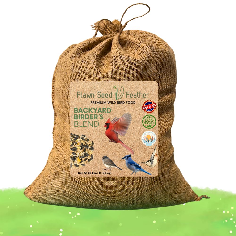 Backyard Birder's Wild Bird Seed Blend burlap bag by Flawn Seed Kits with green label on Tampa Home & Garden Store