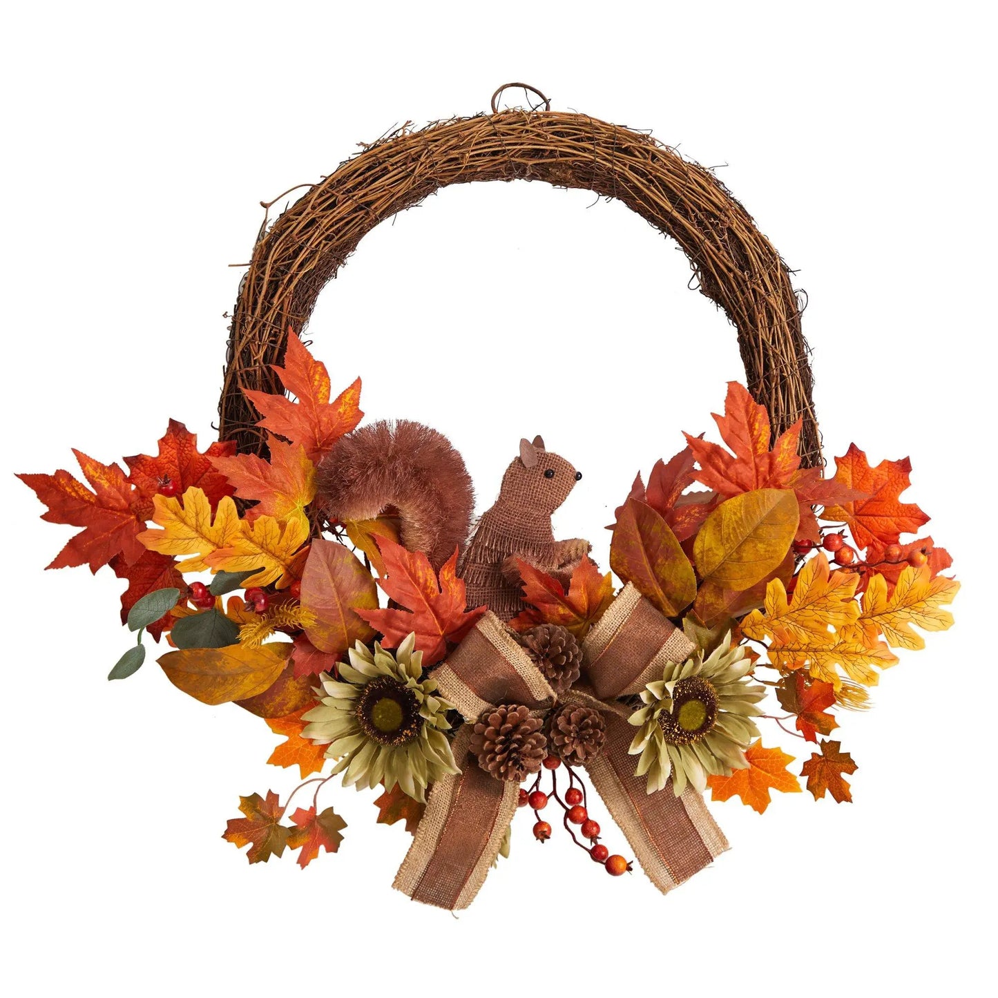 Fall Harvest Squirrel Wreath with Twig Base, autumn leaves and burlap ribbon on Tampa Home & Garden Store