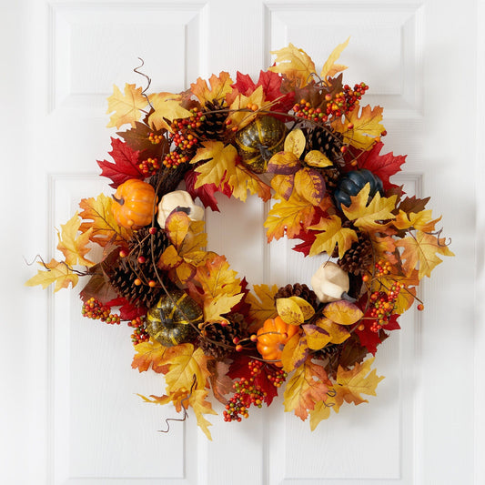 26” Fall Pumpkin, Gourd, Pinecone and Maple Leaf Artificial Autumn Wreath - Tampa Home & Garden Store
