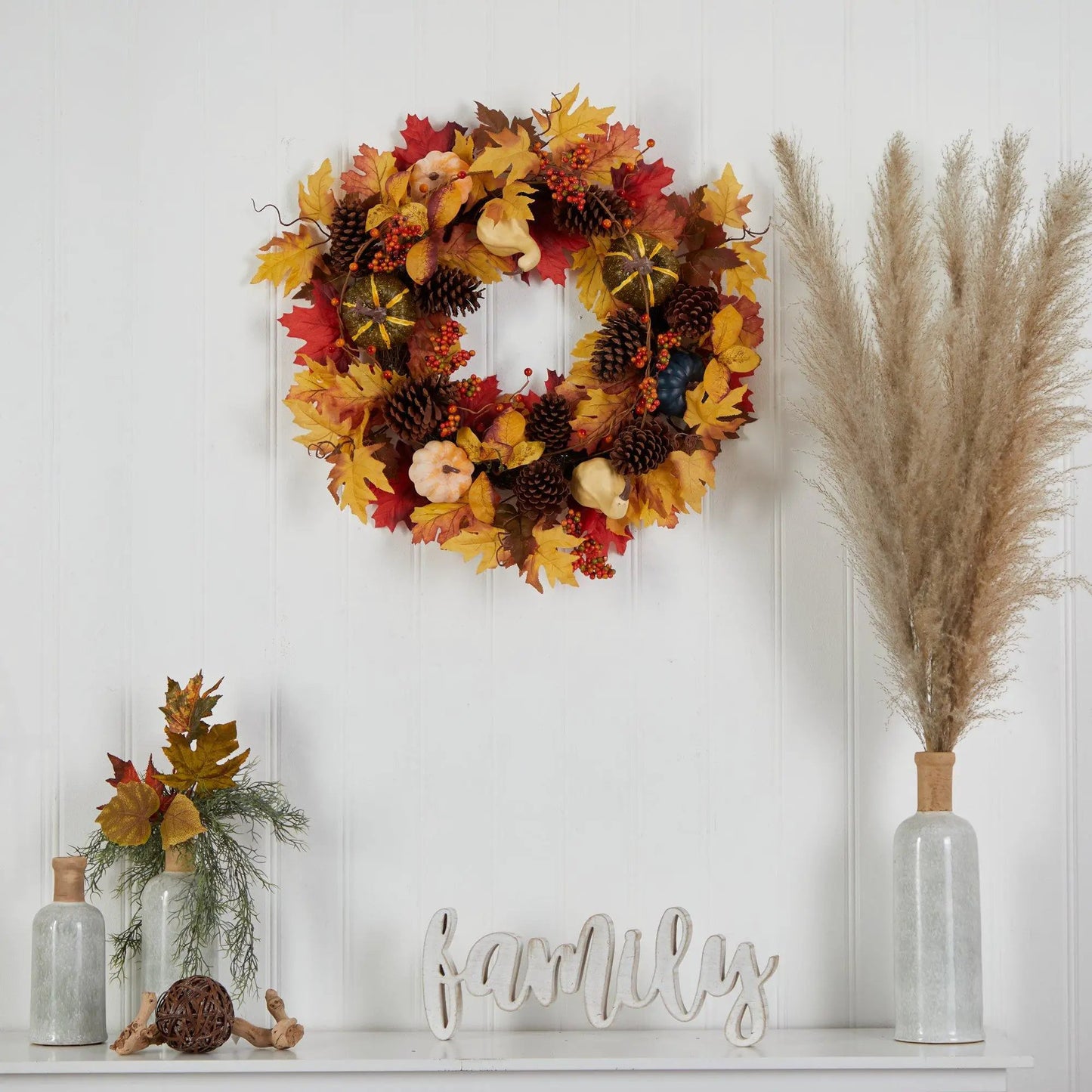 26” Fall Pumpkin, Gourd, Pinecone and Maple Leaf Artificial Autumn Wreath - Tampa Home & Garden Store