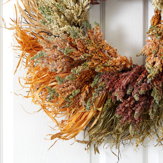 Autumn Sorghum Harvest artificial wreath 25-inch with orange sorghum and raffia accents on Tampa Home & Garden Store