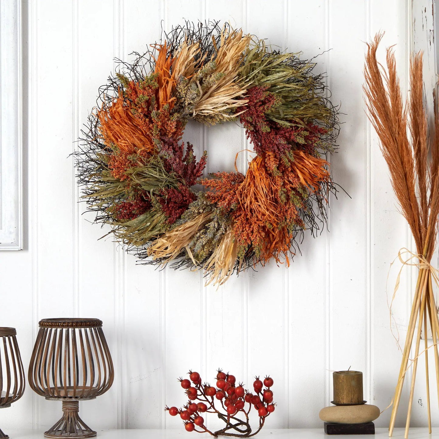 Nearly Natural Autumn Sorghum Harvest artificial wreath, 25in, orange tan burgundy accents on Tampa Home & Garden Store