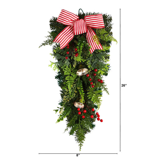 26 Inch Nearly Natural artificial Christmas bells and bow swag with red bow and red berries on Tampa Home & Garden Store